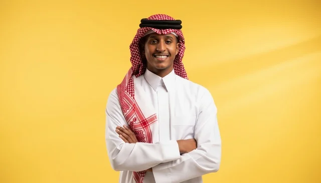 A Saudi businessman with a yellow background.