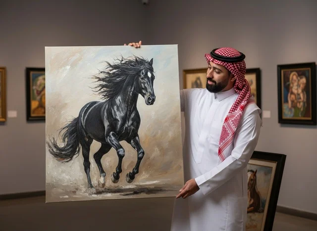 رجل سعودي بالزي التقليدي في معرض فني يحمل لوحة حصان