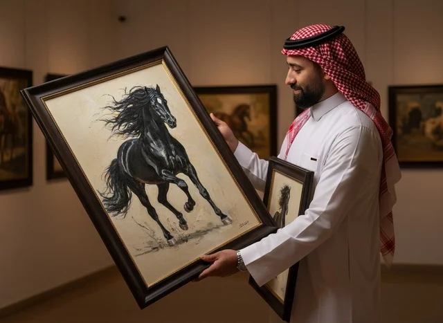 رجل سعودي يحمل لوحة خيل في معرض فني