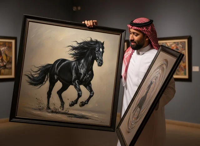 رجل سعودي يحمل لوحة خيل عربي في معرض فني