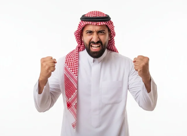 Angry Saudi Man in Traditional Dress with Clenched Fists