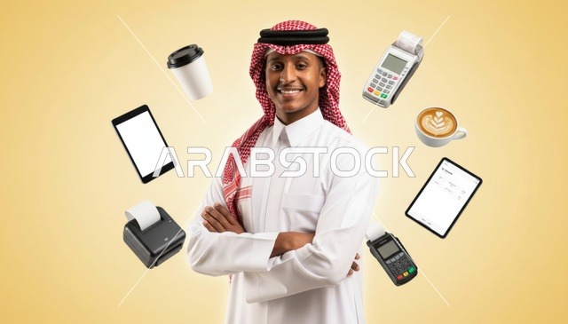 A Saudi man with digital payment tools and financial technology.
