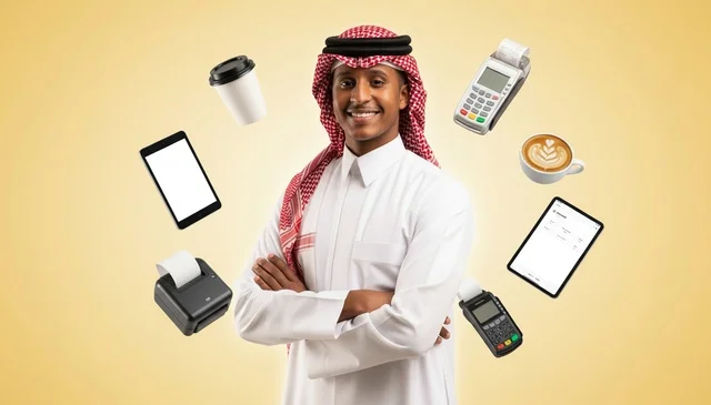 A Saudi man with digital payment tools and financial technology.