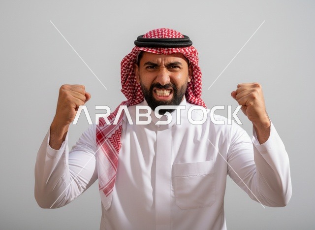 رجل سعودي غاضب بالزي التقليدي بخلفية بيضاء