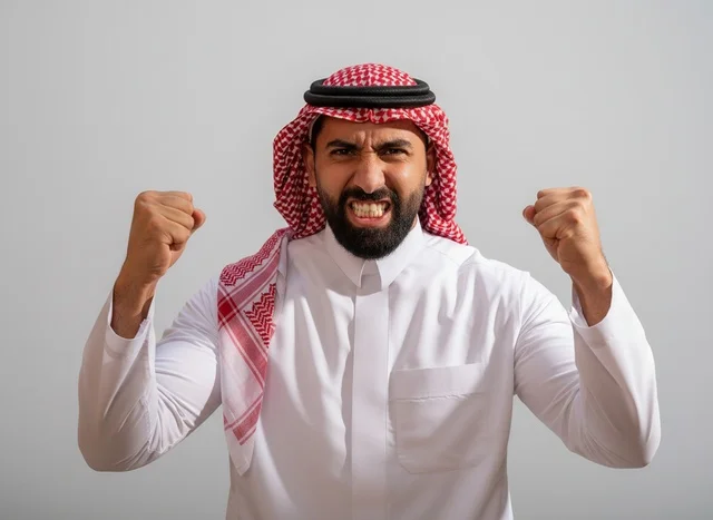 An angry Saudi man in traditional attire with a white background.