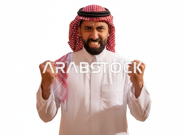 رجل سعودي غاضب بالزي التقليدي بخلفية بيضاء