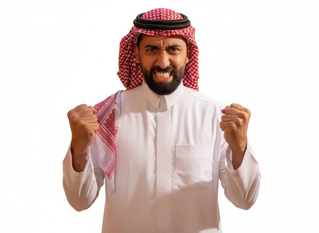 An angry Saudi man in traditional attire with a white background.