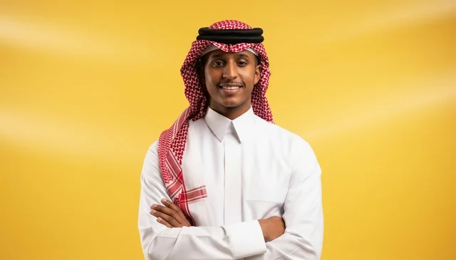 A Saudi businessman with a yellow background.