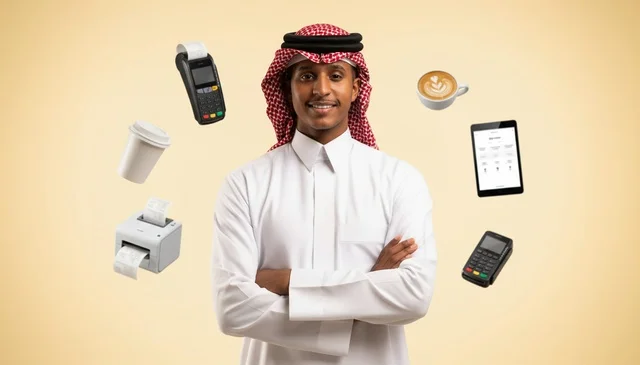رجل أعمال سعودي مع أيقونات التجارة والتقنية المالية