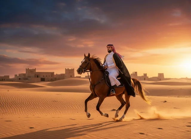 Saudi Man Riding Horse in Desert at Sunset Heritage Village