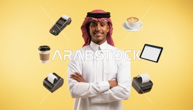 رجل سعودي مع أيقونات البيع والدفع الرقمي