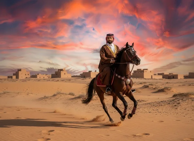 رجل سعودي يركب خيلاً عربياً في الصحراء وقت الغروب
