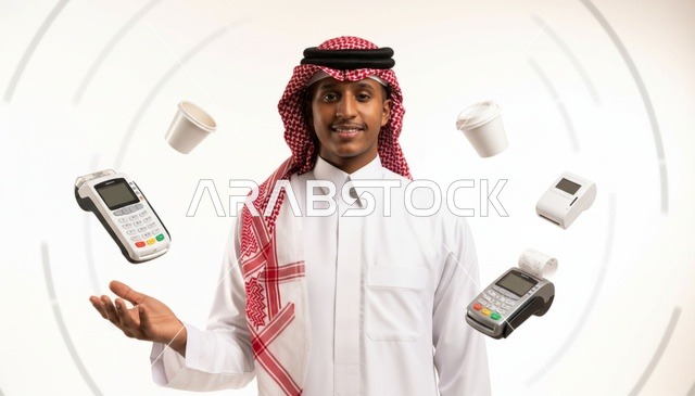 Saudi Man with Floating POS Terminals and Coffee Cups