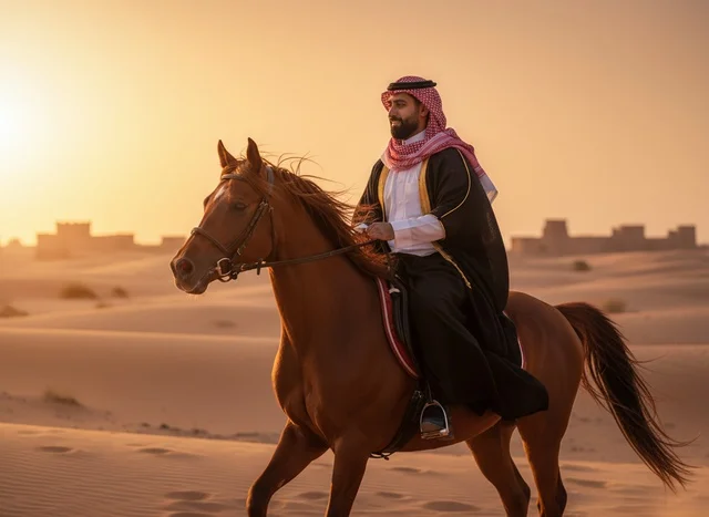 Saudi Man Riding Arabian Horse in Desert Sunset