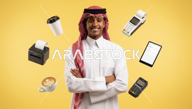 رجل سعودي مع حلول الدفع الإلكتروني والتقنية المالية
