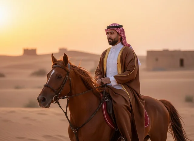 Saudi Man Riding Horse in Desert at Sunset