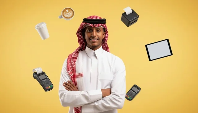 رائد أعمال سعودي مع أيقونات تجارية بخلفية صفراء