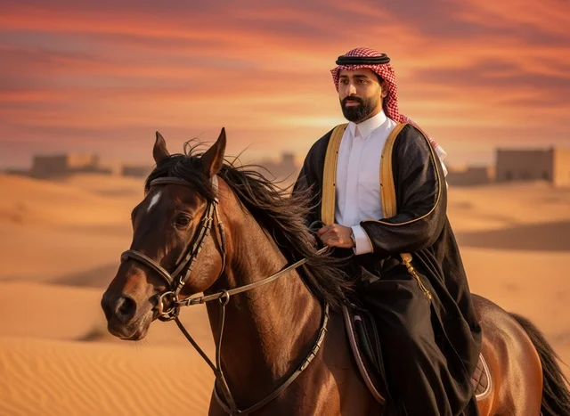 Saudi Man Riding Horse in Desert at Sunset