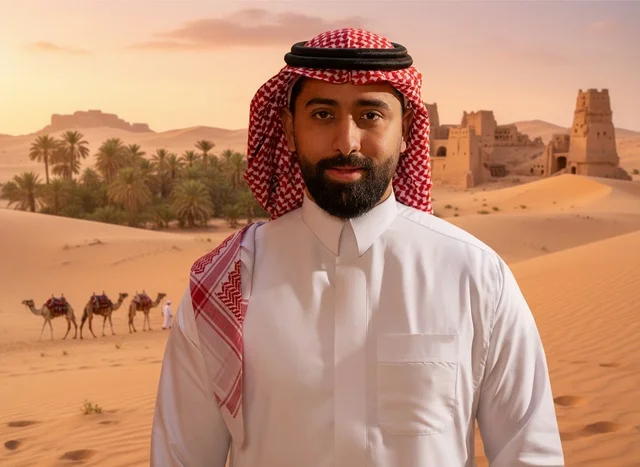 رجل سعودي بالزي التقليدي في الصحراء مع أطلال تراثية
