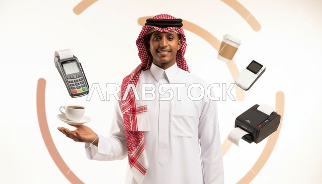Saudi Man with Retail Payment Technology and Coffee