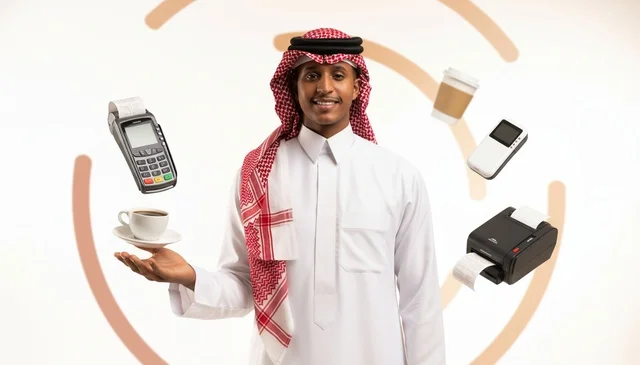 Saudi Man with Retail Payment Technology and Coffee