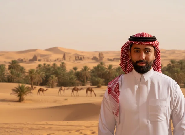 رجل سعودي بالزي التقليدي في واحة صحراوية مع الجمال