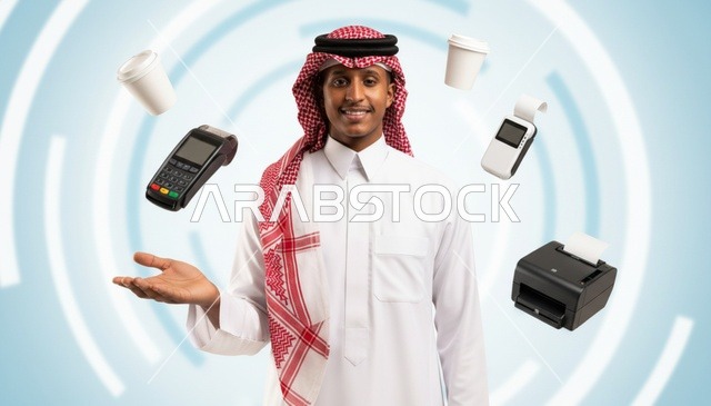 شاب سعودي مع أجهزة نقاط البيع وخلفية رقمية