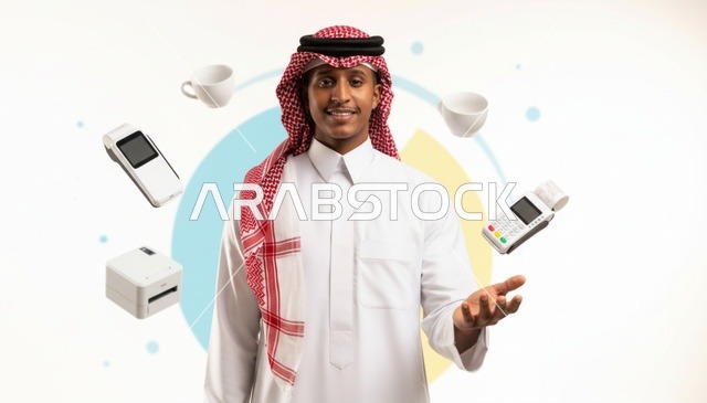 رجل سعودي مع أجهزة نقاط البيع وأيقونات تقنية