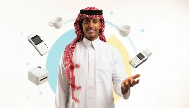 Saudi Man with POS Terminals and Fintech Icons