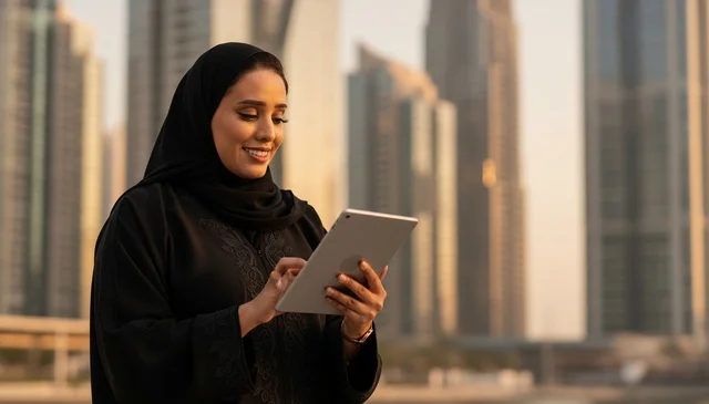 امرأة إماراتية تستخدم جهاز لوحي أمام ناطحات السحاب
