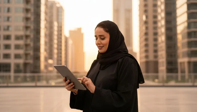 Emirati Businesswoman Using Tablet in Modern City at Sunset