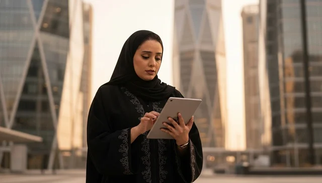 Emirati Businesswoman with Tablet in Modern City District