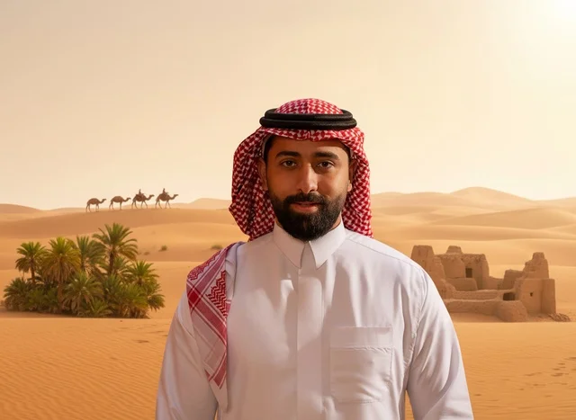 رجل سعودي بالزي التقليدي في خلفية صحراوية