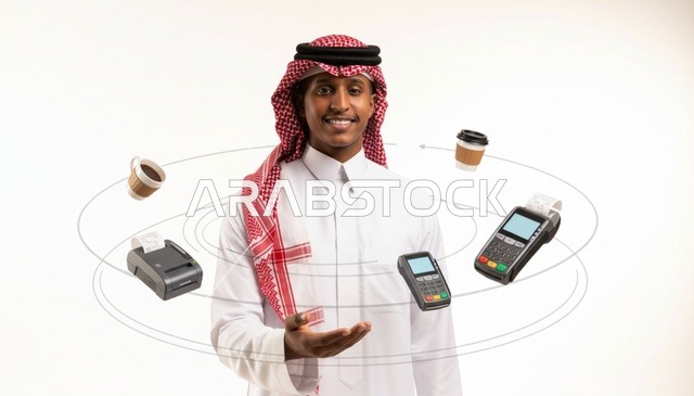 Saudi Man with Digital Payment Terminals and Fintech Concept