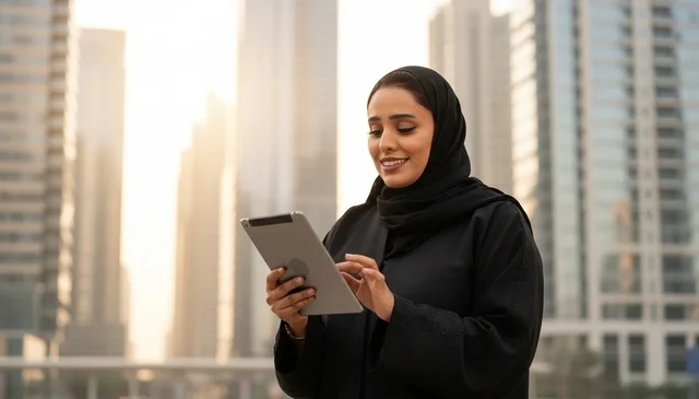 امرأة إماراتية تستخدم جهازاً لوحياً في مدينة عند الغروب