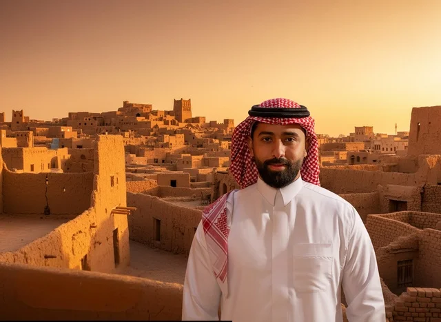 رجل سعودي في حي الطريف التاريخي بالدرعية وقت الغروب