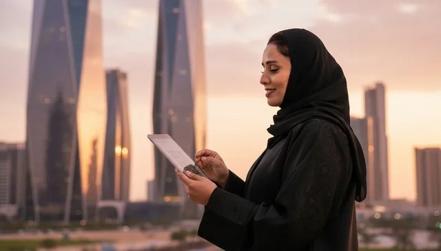 Emirati Woman with Tablet and City Skyscrapers at Sunset