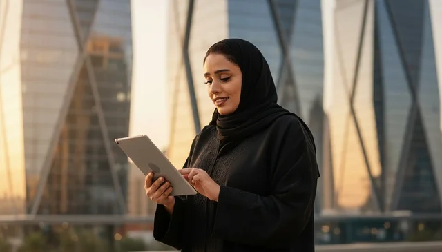 سيدة أعمال سعودية تستخدم جهاز لوحي في منطقة مالية