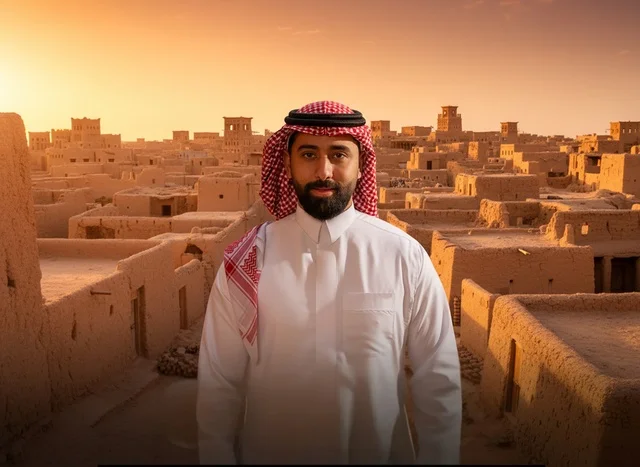 رجل سعودي بالزي التقليدي في قرية تراثية وقت الغروب