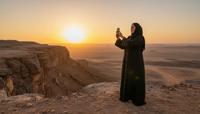 امرأة سعودية في الصحراء عند غروب الشمس
