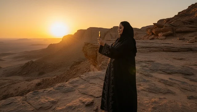 امرأة سعودية بالعباءة تصور غروب الشمس في الصحراء