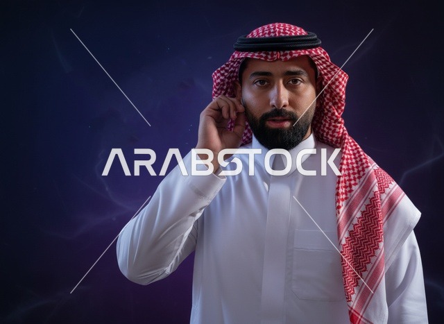 رجل سعودي يرتدي سماعة أذن للاتصالات في استوديو