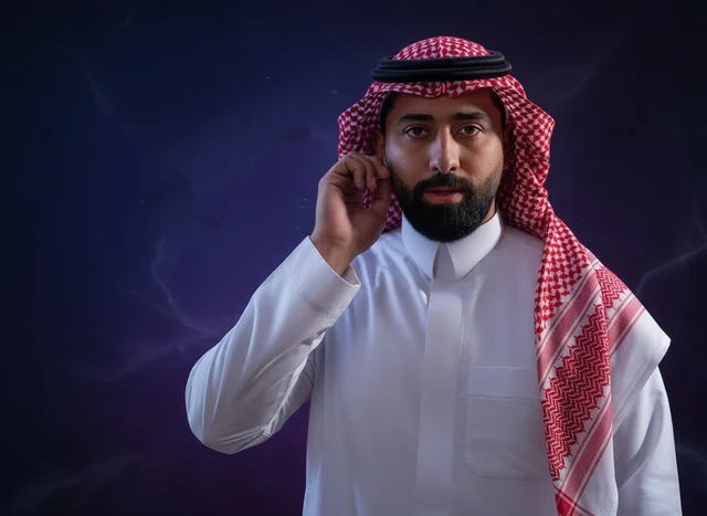 رجل سعودي يرتدي سماعة أذن للاتصالات في استوديو