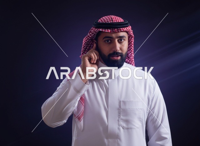 رجل سعودي بالزي التقليدي يستمع في الاستوديو