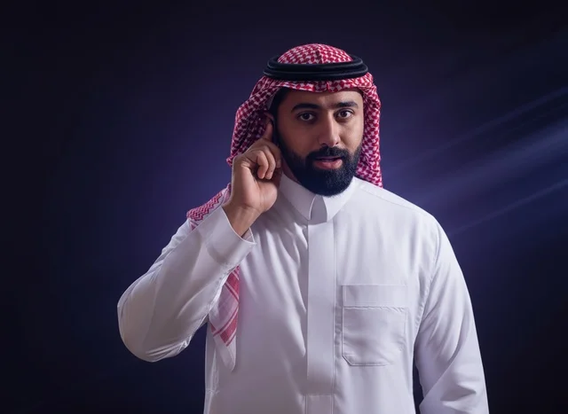 Saudi Man in Traditional Thobe Listening in Studio