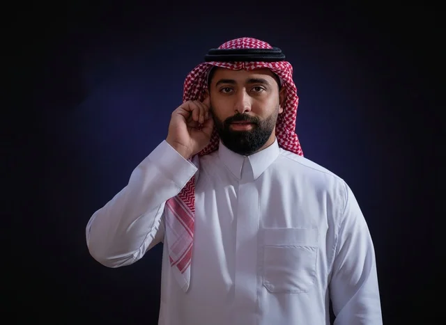 رجل سعودي بالثوب التقليدي والشماغ الأحمر