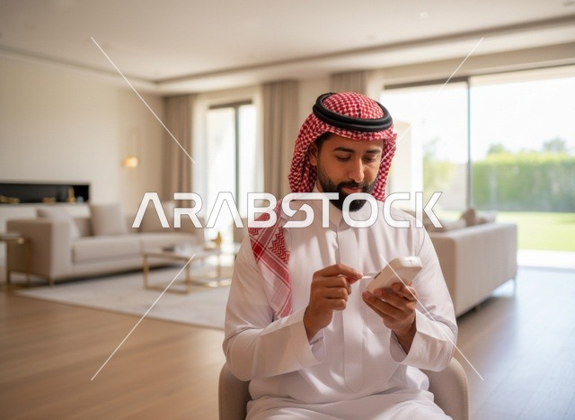 رجل سعودي يستخدم جهازاً طبياً في غرفة معيشة عصرية