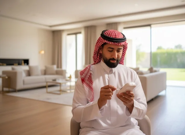 Saudi Man Using Medical Device in Modern Living Room