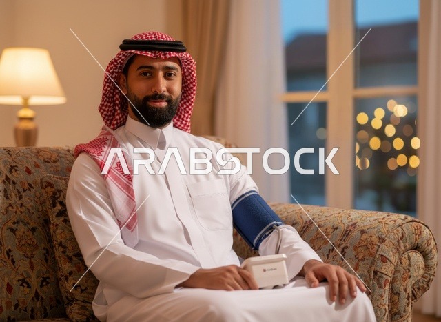 Saudi Man Checking Blood Pressure with Medical Device