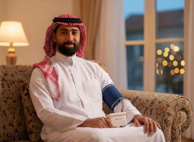 Saudi Man Checking Blood Pressure with Medical Device